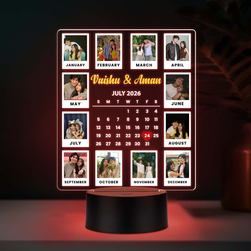 Calendar Couple Photo UV Print Lamp with Multicolored Light Unique Anniversary, Birthday, or Wedding Gift for Couples, Wife, Husband